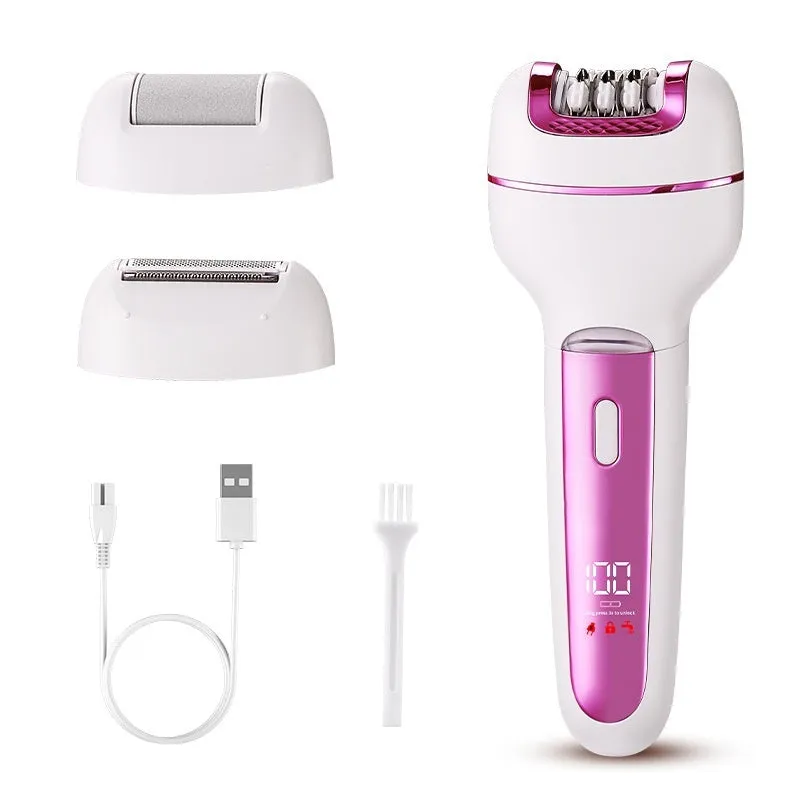 Women's electric 3-in-1 hair removal set in gold with USB cable and stainless steel blade head
