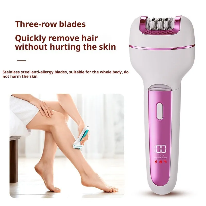 Women's electric 3-in-1 hair removal set in gold with USB cable and stainless steel blade head