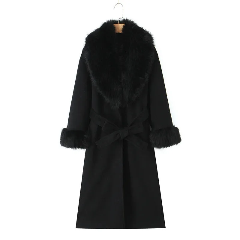 Big fur collar belt wool coat long jacket for women, pattern colour, front view with fur collar and belt