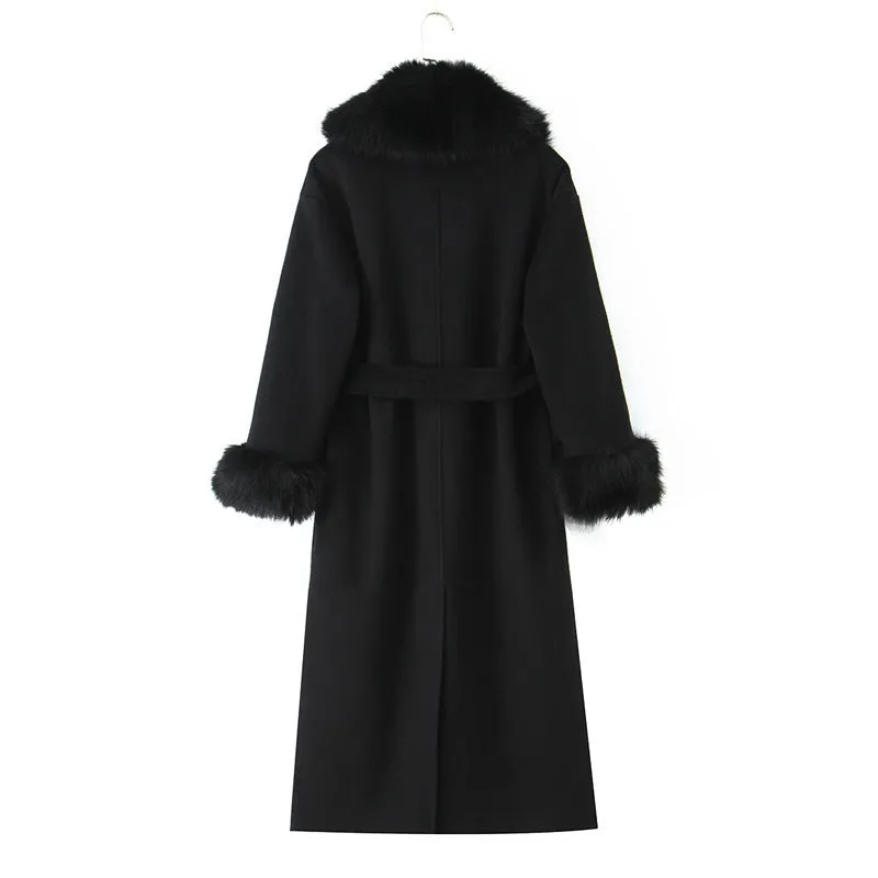 Big fur collar belt wool coat long jacket for women, pattern colour, front view with fur collar and belt