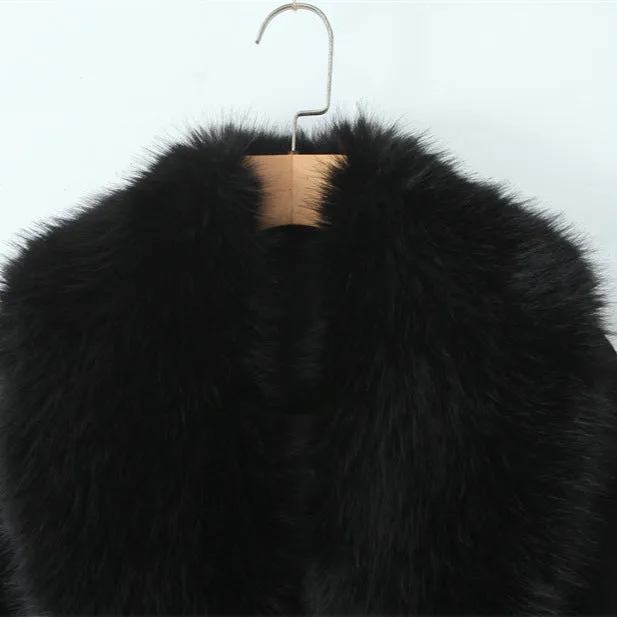 Big fur collar belt wool coat long jacket for women, pattern colour, front view with fur collar and belt