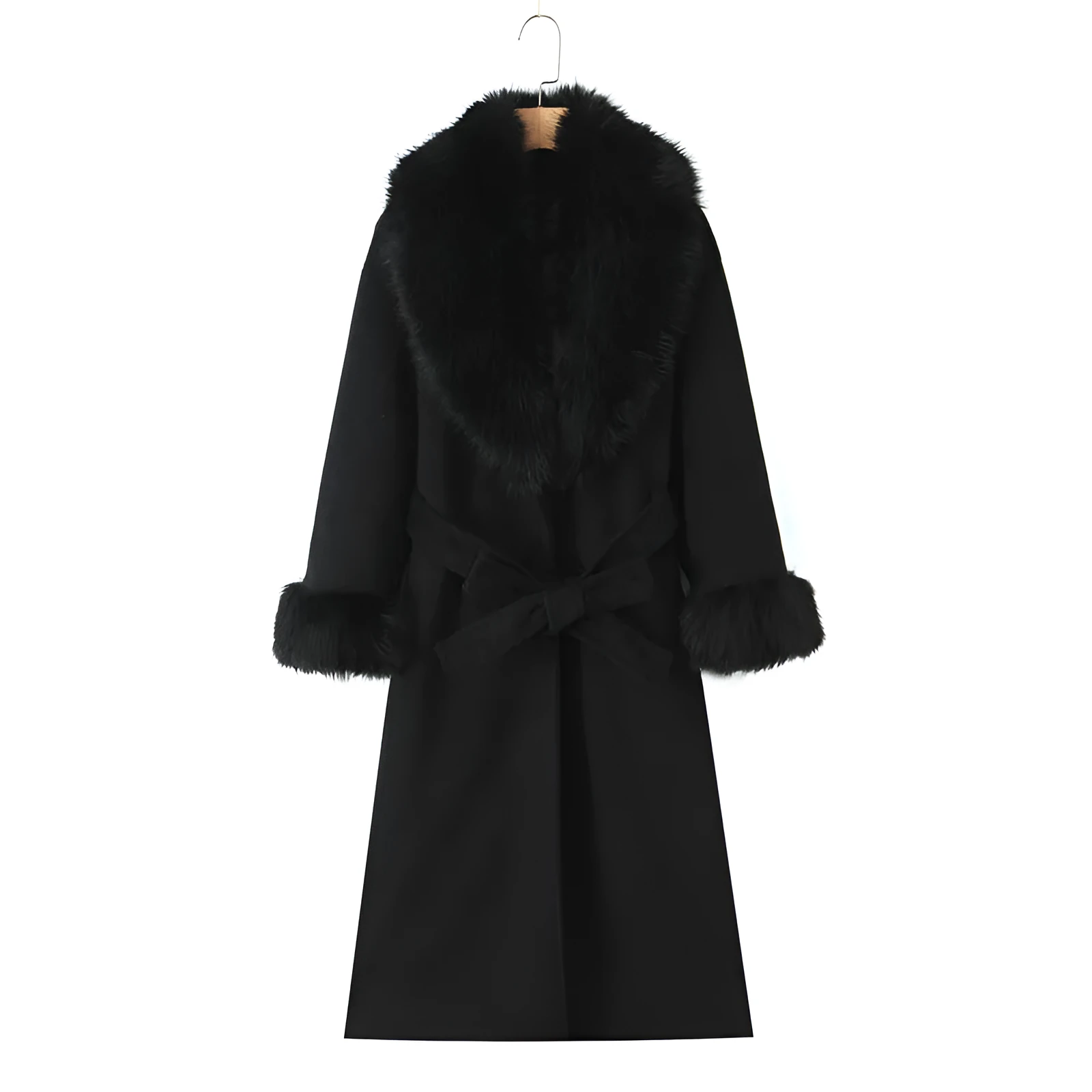 Big fur collar belt wool coat long jacket for women, pattern colour, front view with fur collar and belt