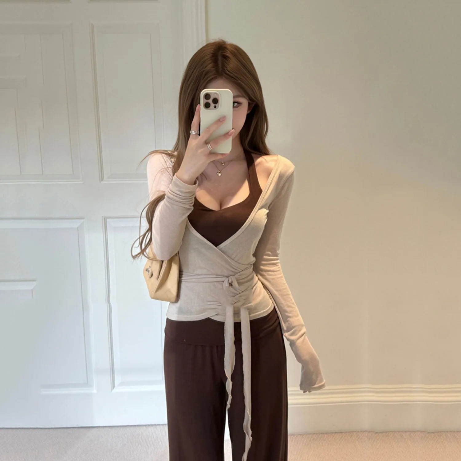 Ladies' brown polyester three-piece set with long-sleeve cardigan, camisole, and wide-leg pants