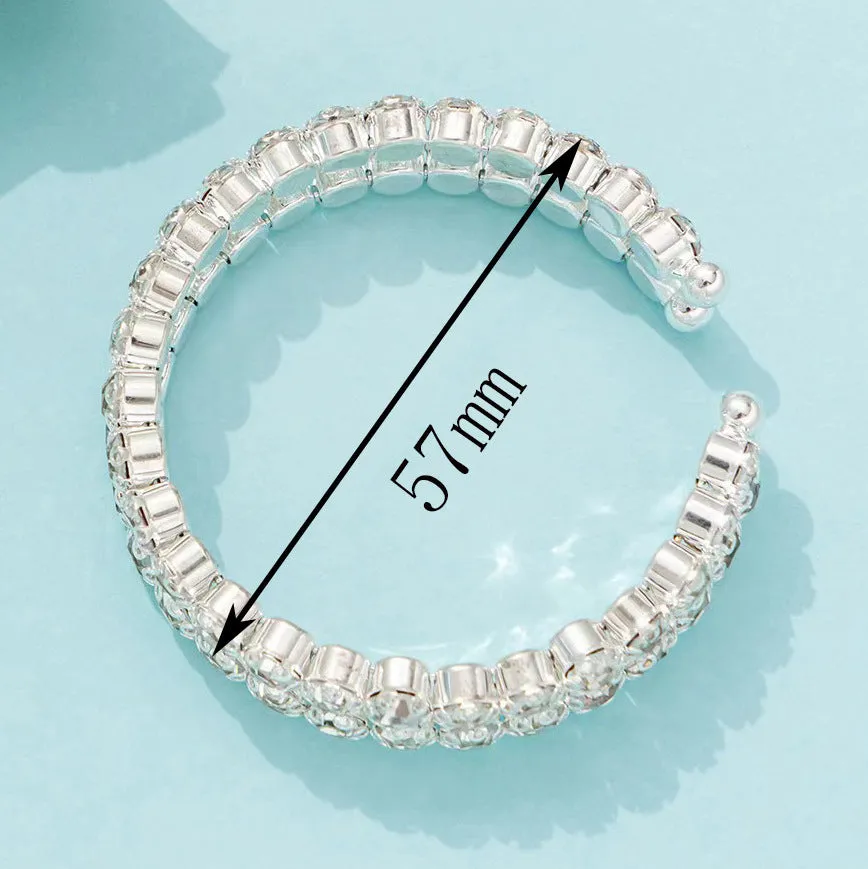 Silver elastic bracelet with double row of large rhinestones and wide opening design