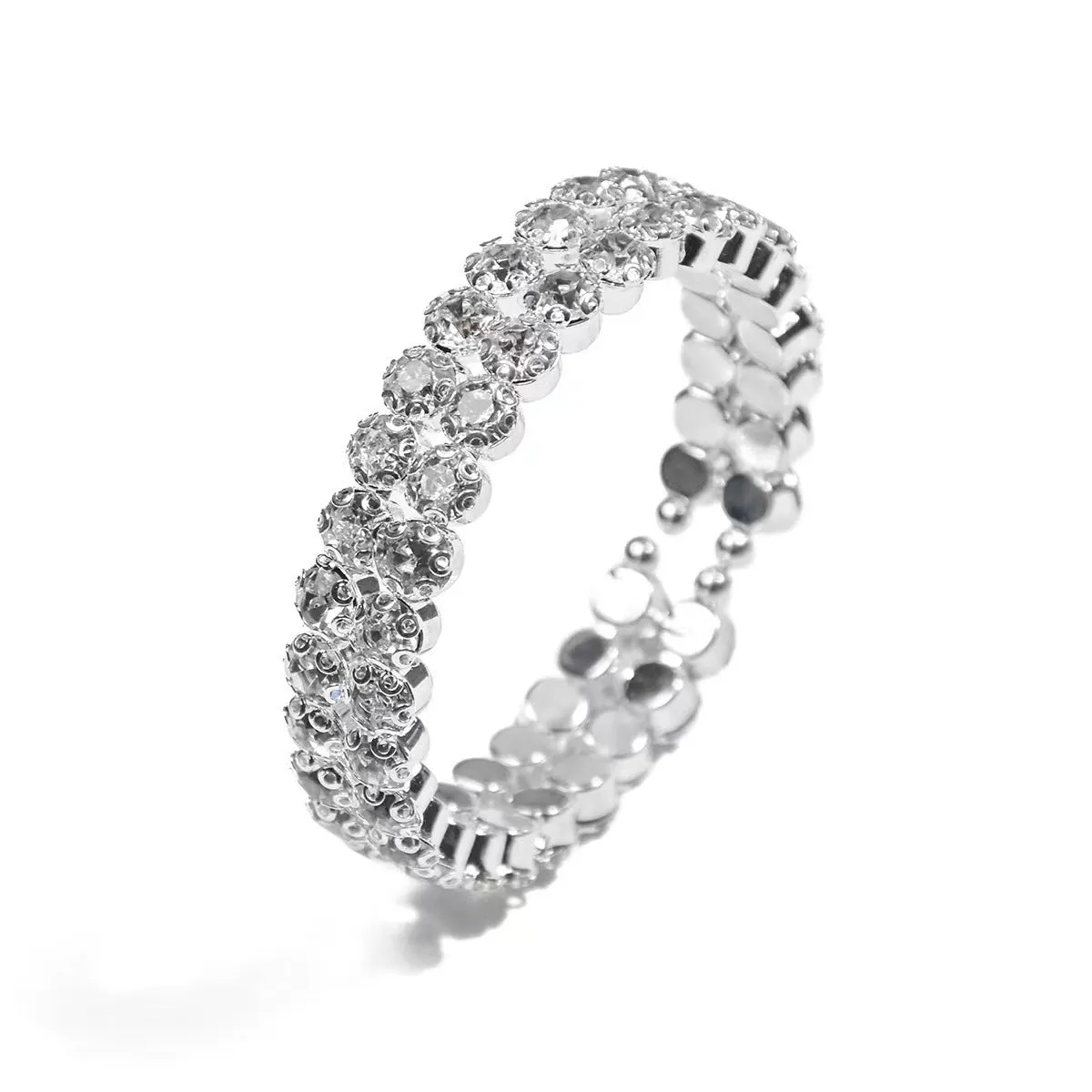Silver elastic bracelet with double row of large rhinestones and wide opening design