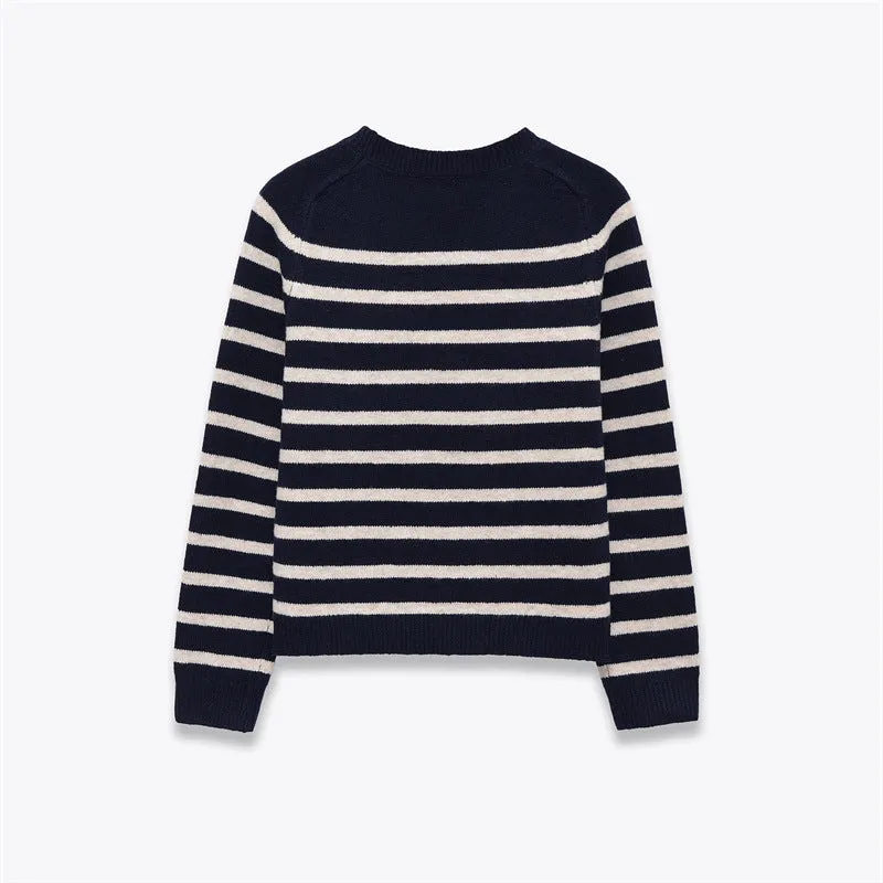 Women's loose striped knit sweater pullover with colour block patchwork in apricot and black, round neck long sleeves