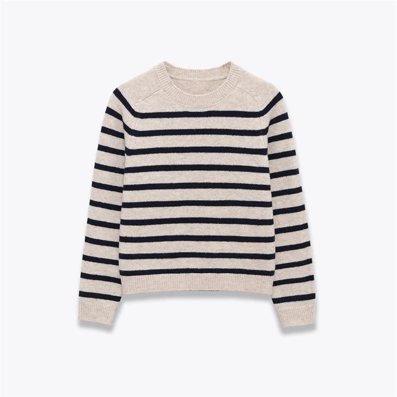 Women's loose striped knit sweater pullover with colour block patchwork in apricot and black, round neck long sleeves