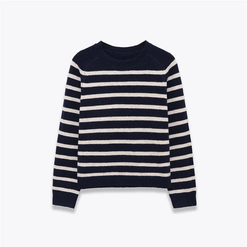 Women's loose striped knit sweater pullover with colour block patchwork in apricot and black, round neck long sleeves
