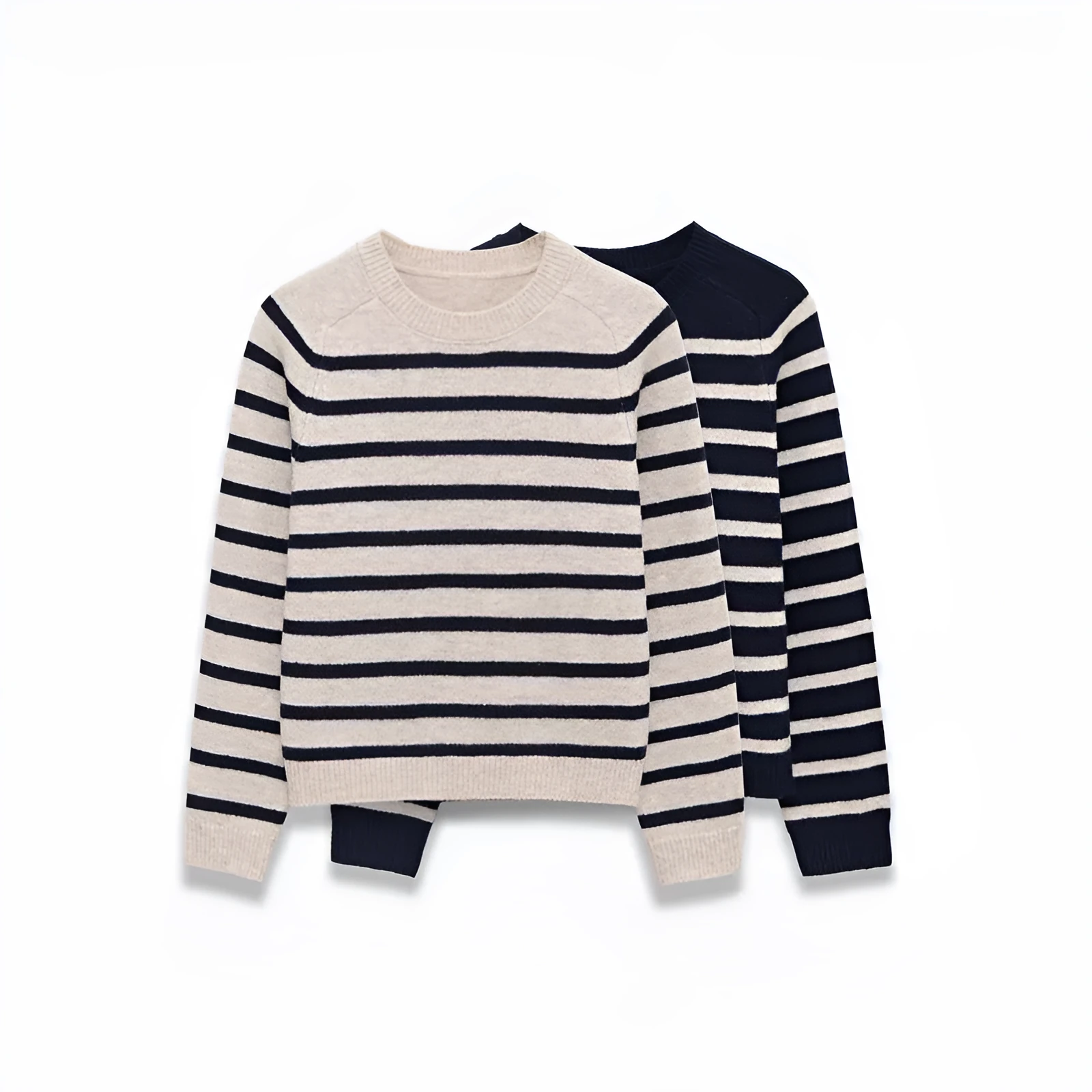 Women's loose striped knit sweater pullover with colour block patchwork in apricot and black, round neck long sleeves