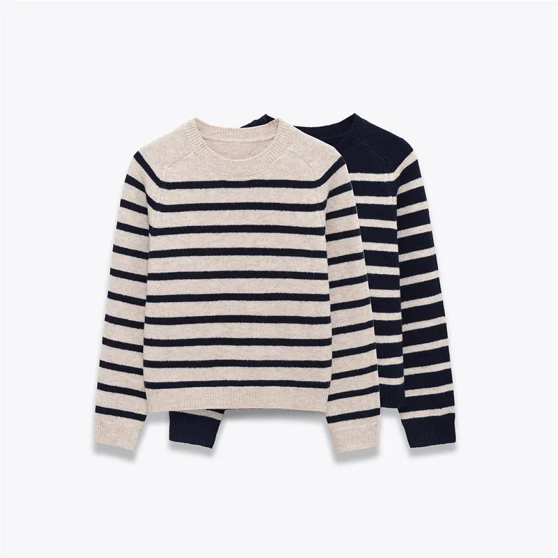 Women's loose striped knit sweater pullover with colour block patchwork in apricot and black, round neck long sleeves