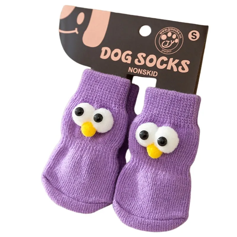 Dog all-season universal socks with cute big eyes and anti-slip particles on the bottom, in green colour