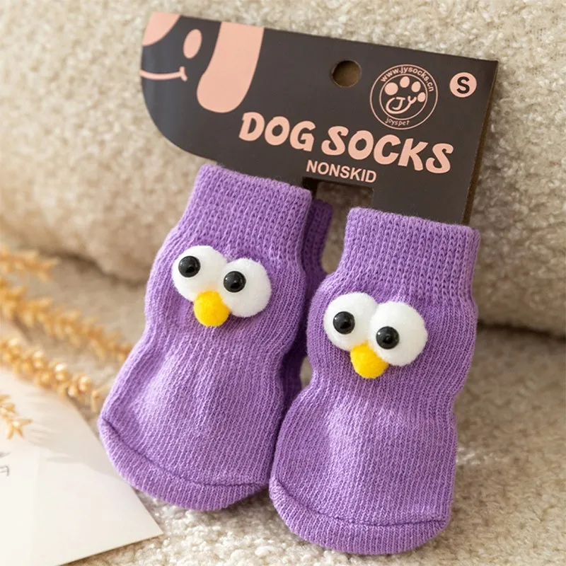 Dog all-season universal socks with cute big eyes and anti-slip particles on the bottom, in green colour