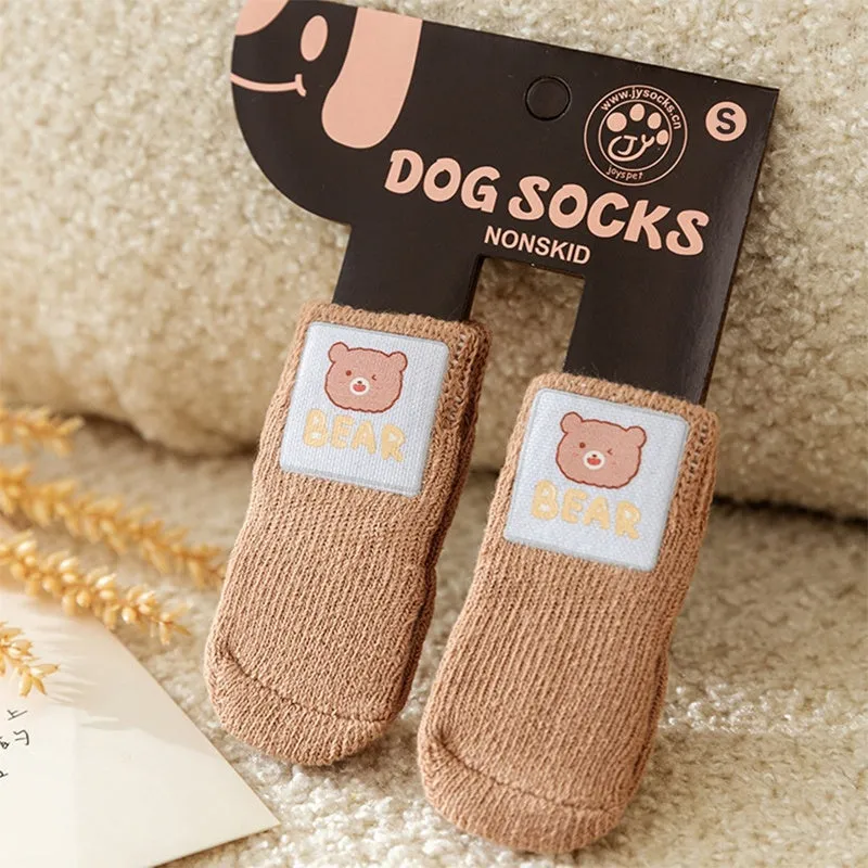 Dog all-season universal socks with cute big eyes and anti-slip particles on the bottom, in green colour