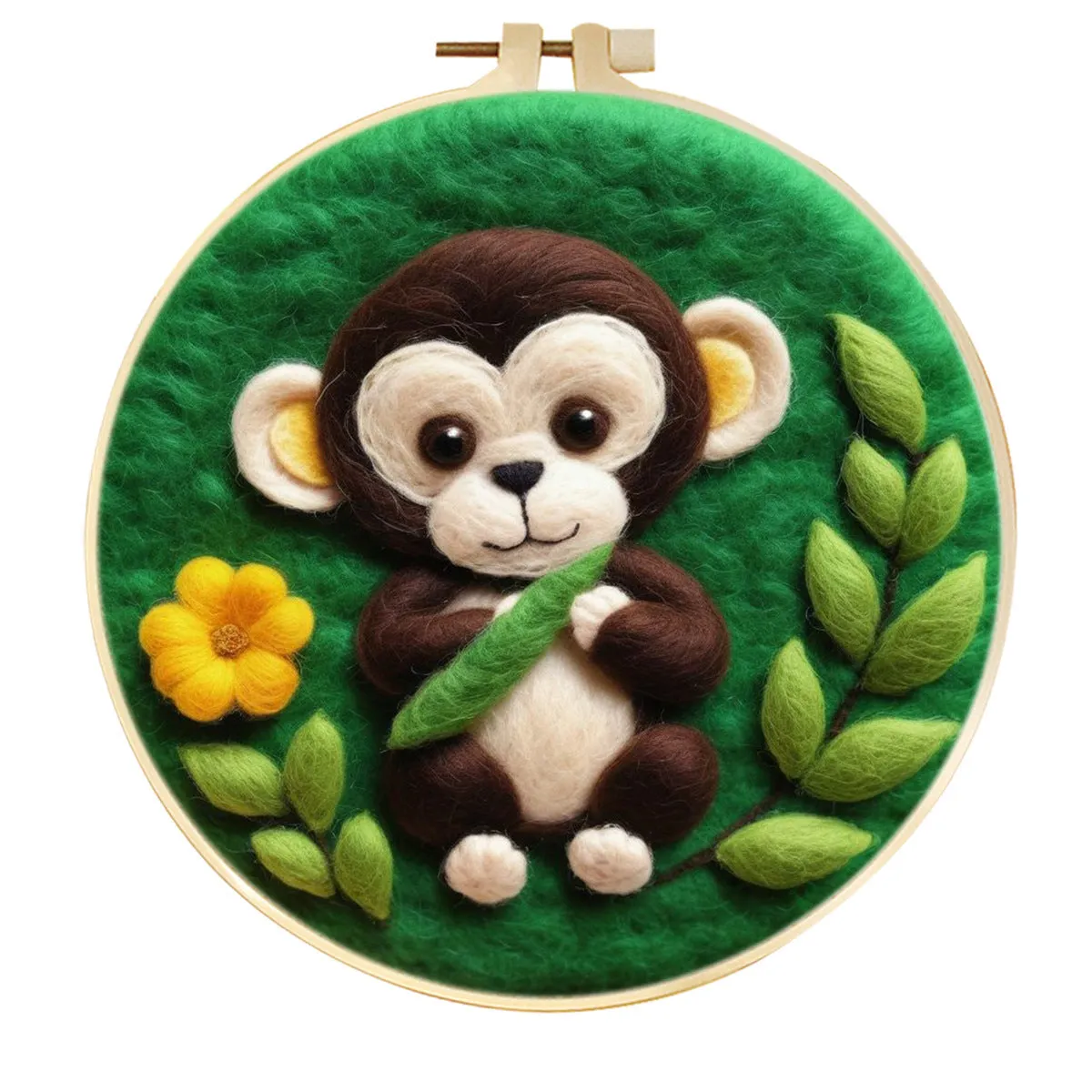 Round linen embroidery kit with wool felt for three-dimensional blanket paintings featuring botanical patterns