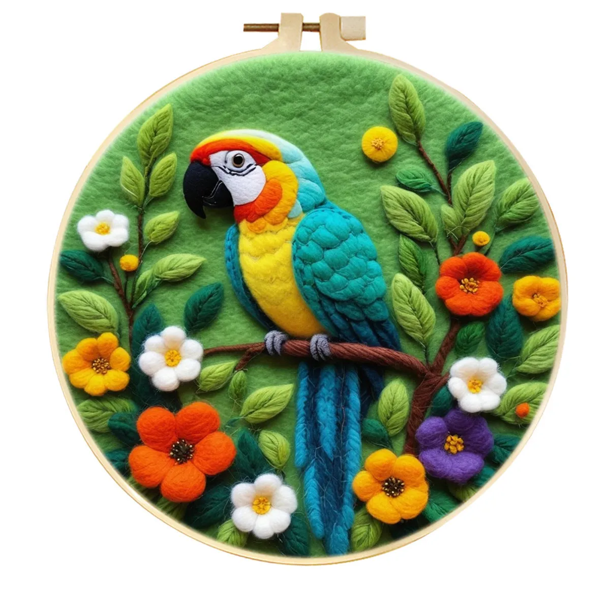 Round linen embroidery kit with wool felt for three-dimensional blanket paintings featuring botanical patterns