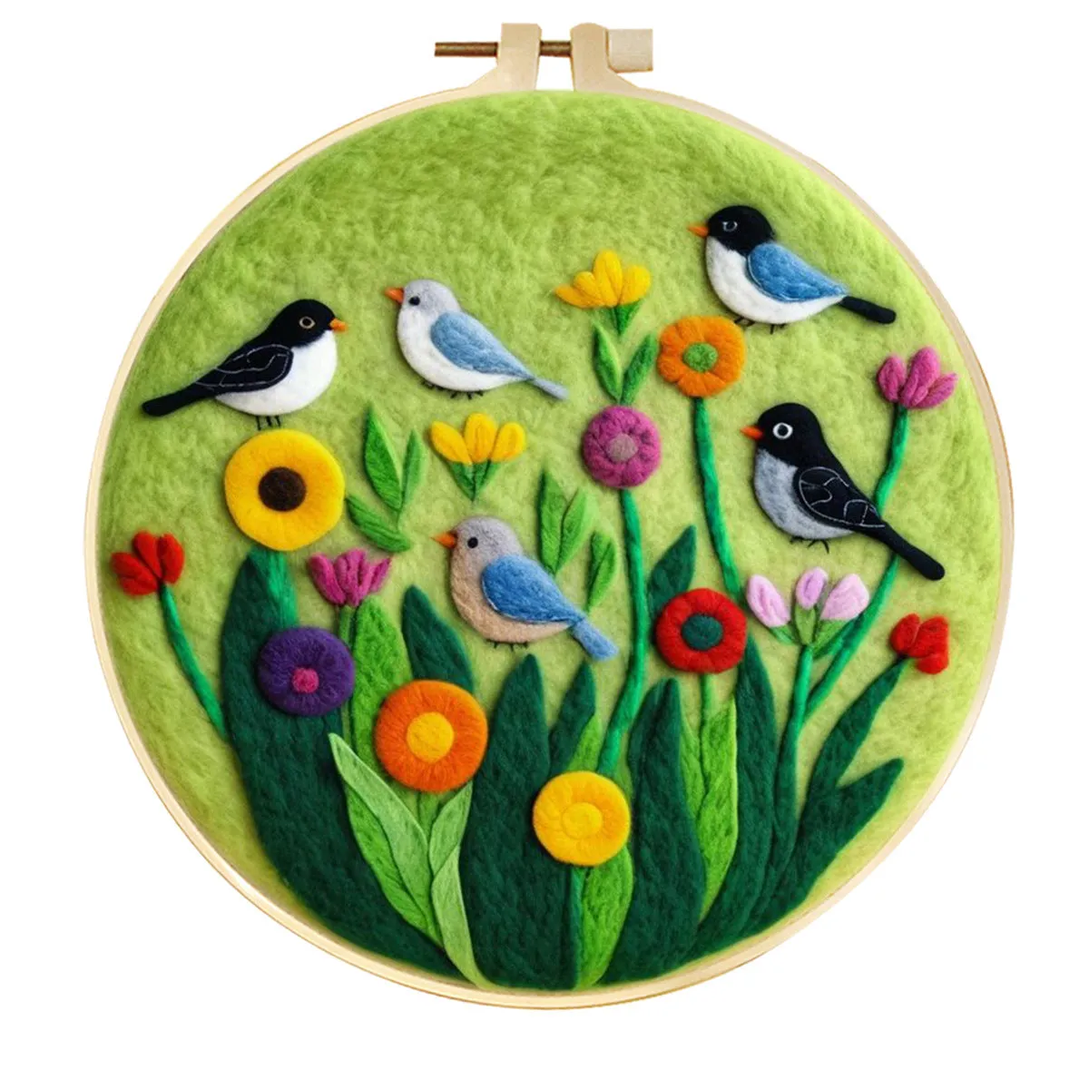 Round linen embroidery kit with wool felt for three-dimensional blanket paintings featuring botanical patterns