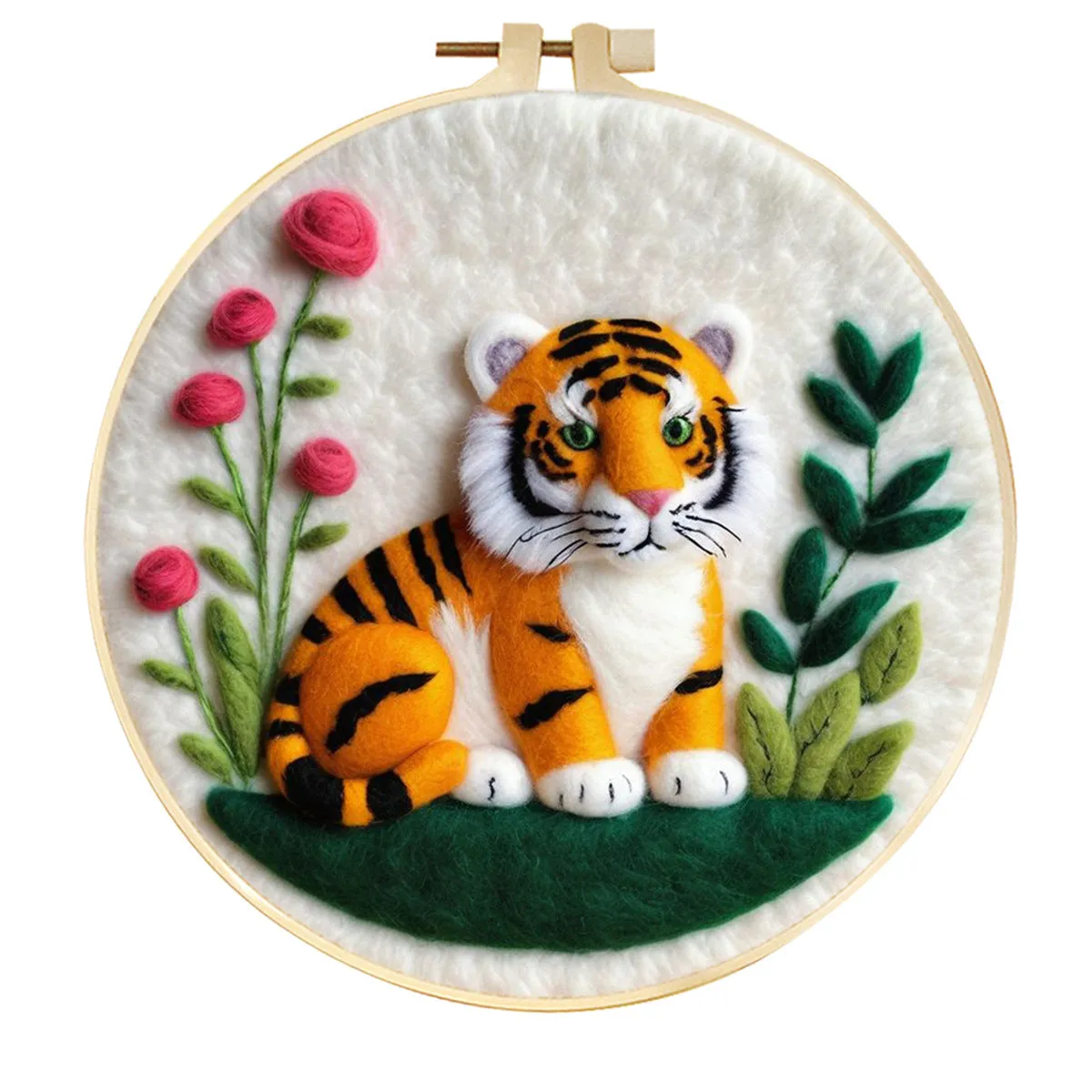 Round linen embroidery kit with wool felt for three-dimensional blanket paintings featuring botanical patterns