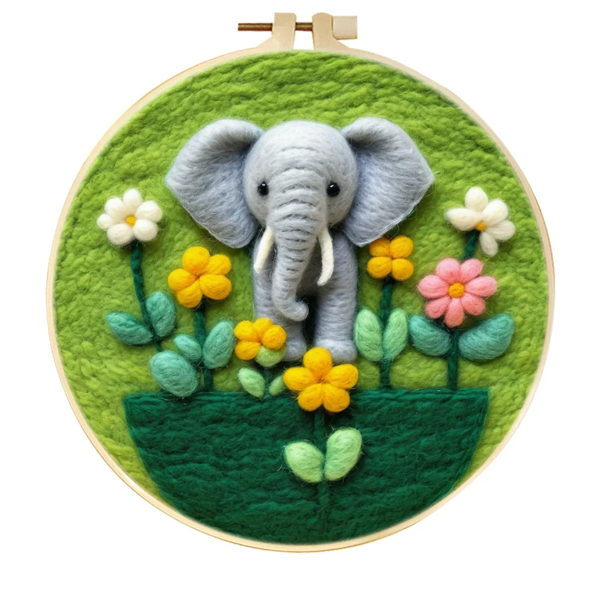 Round linen embroidery kit with wool felt for three-dimensional blanket paintings featuring botanical patterns