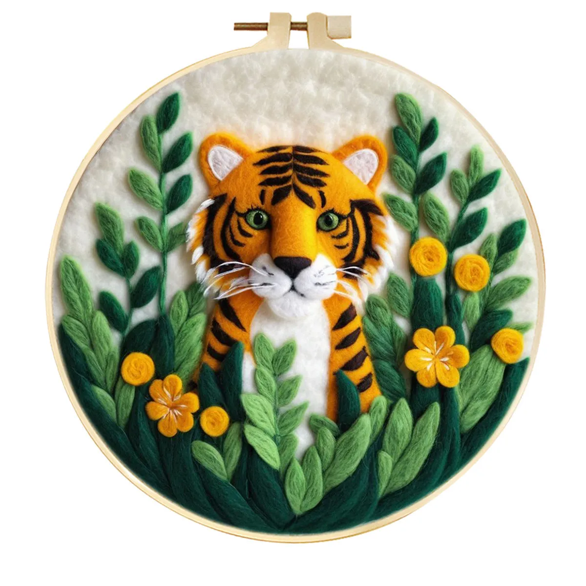 Round linen embroidery kit with wool felt for three-dimensional blanket paintings featuring botanical patterns