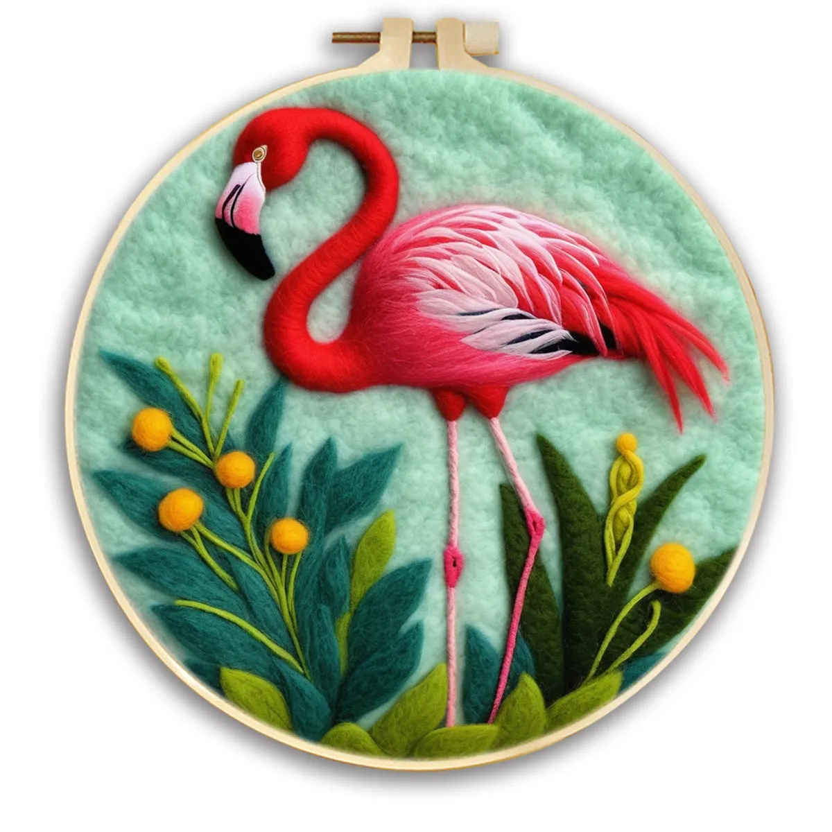 Round linen embroidery kit with wool felt for three-dimensional blanket paintings featuring botanical patterns