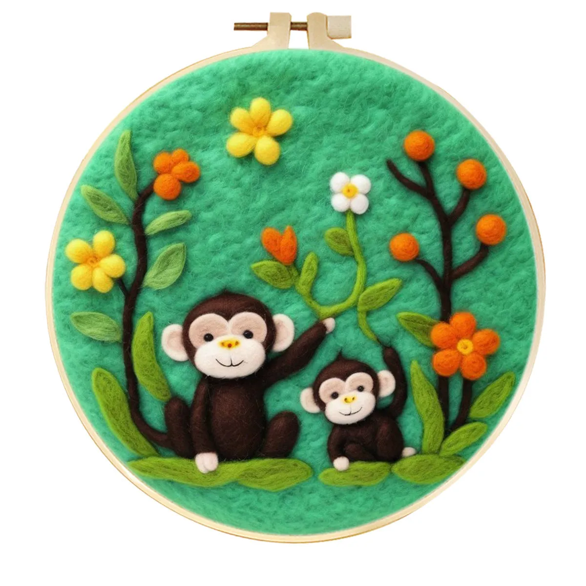 Round linen embroidery kit with wool felt for three-dimensional blanket paintings featuring botanical patterns
