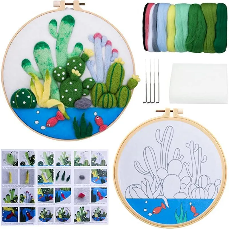 Round linen embroidery kit with wool felt for three-dimensional blanket paintings featuring botanical patterns