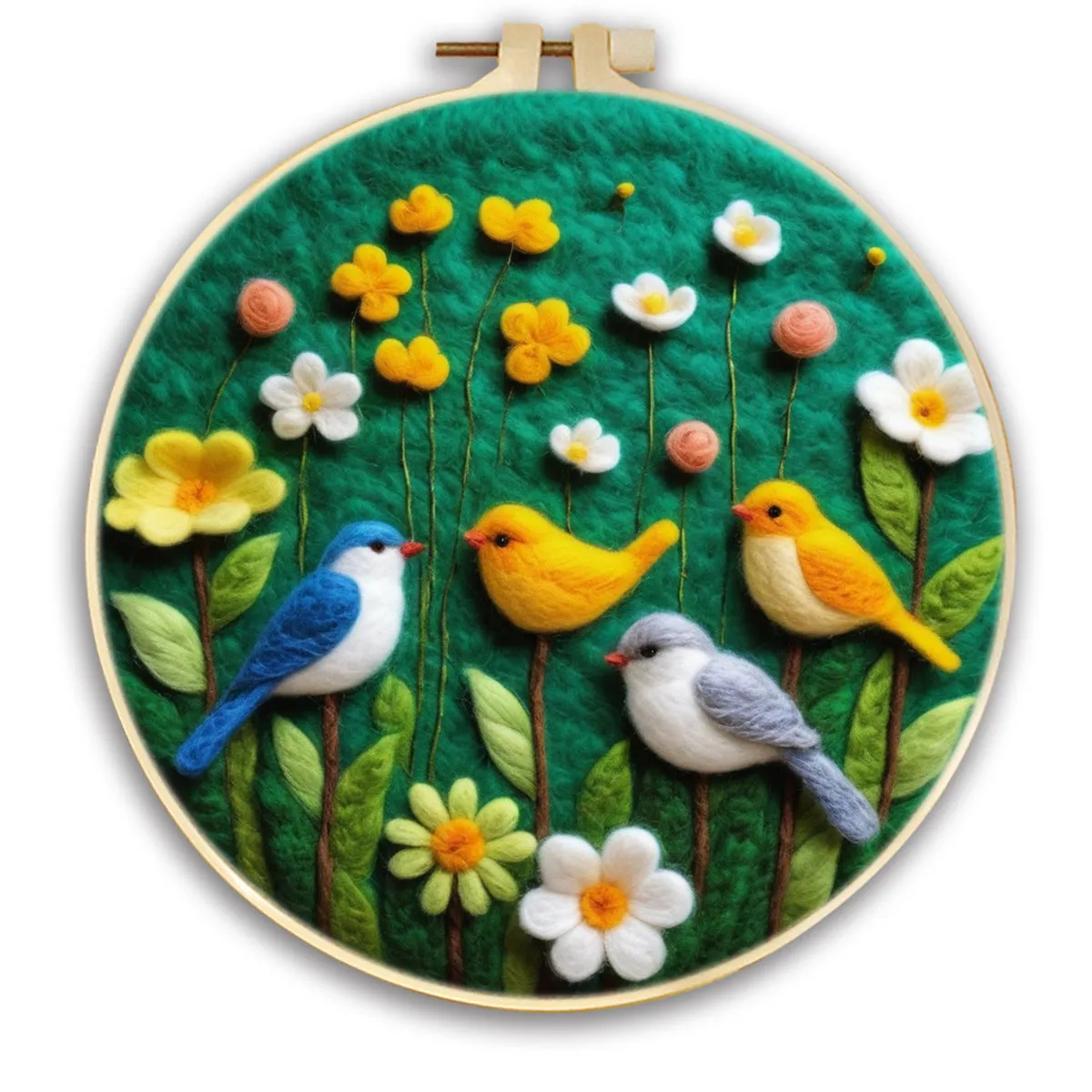 Round linen embroidery kit with wool felt for three-dimensional blanket paintings featuring botanical patterns