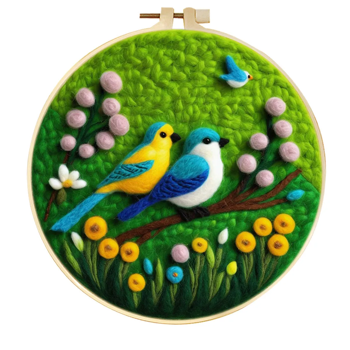Round linen embroidery kit with wool felt for three-dimensional blanket paintings featuring botanical patterns
