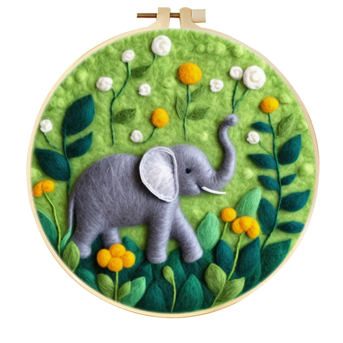 Round linen embroidery kit with wool felt for three-dimensional blanket paintings featuring botanical patterns