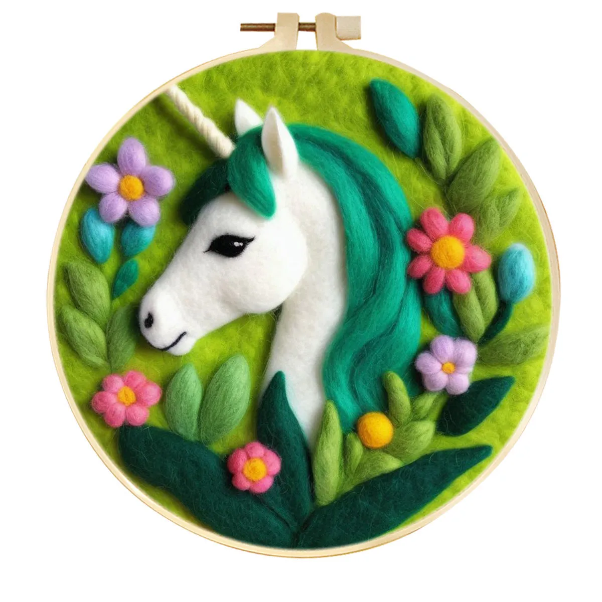 Round linen embroidery kit with wool felt for three-dimensional blanket paintings featuring botanical patterns