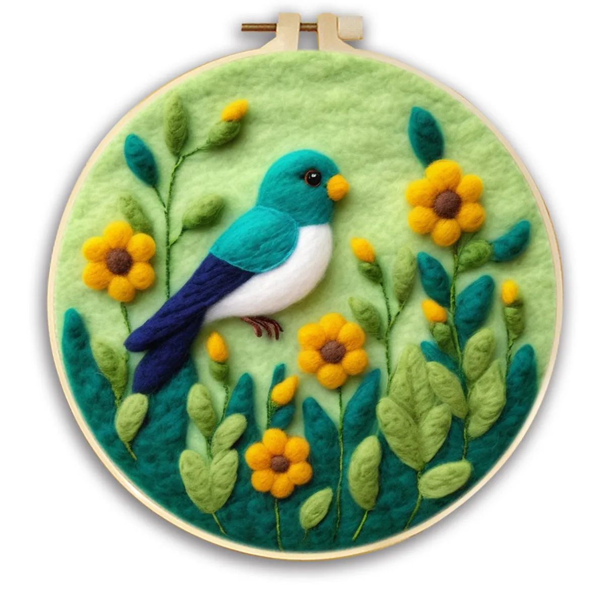 Round linen embroidery kit with wool felt for three-dimensional blanket paintings featuring botanical patterns