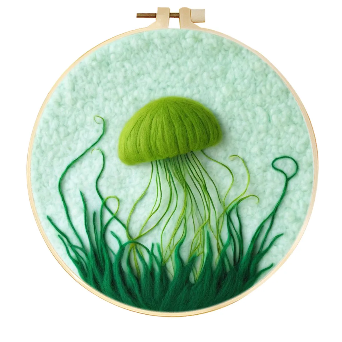 Round linen embroidery kit with wool felt for three-dimensional blanket paintings featuring botanical patterns