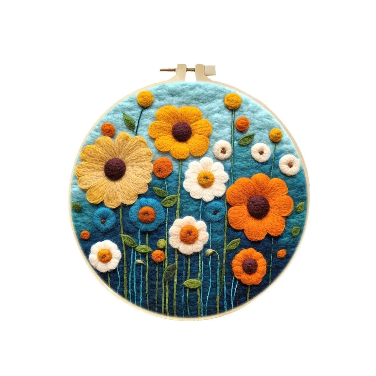Round linen embroidery kit with wool felt for three-dimensional blanket paintings featuring botanical patterns