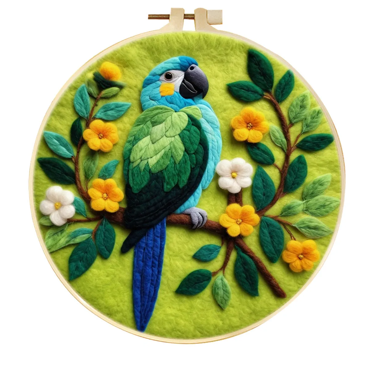 Round linen embroidery kit with wool felt for three-dimensional blanket paintings featuring botanical patterns