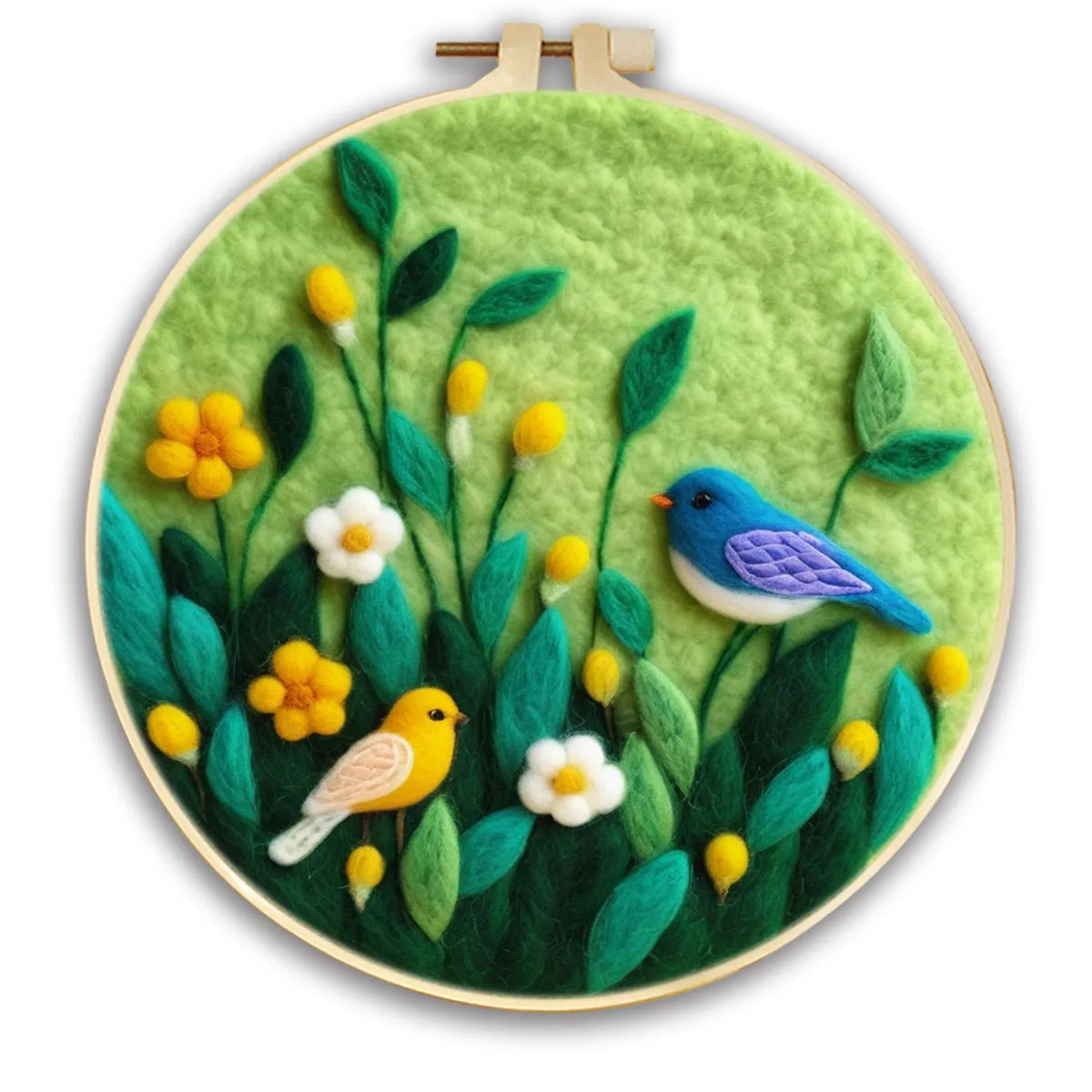 Round linen embroidery kit with wool felt for three-dimensional blanket paintings featuring botanical patterns