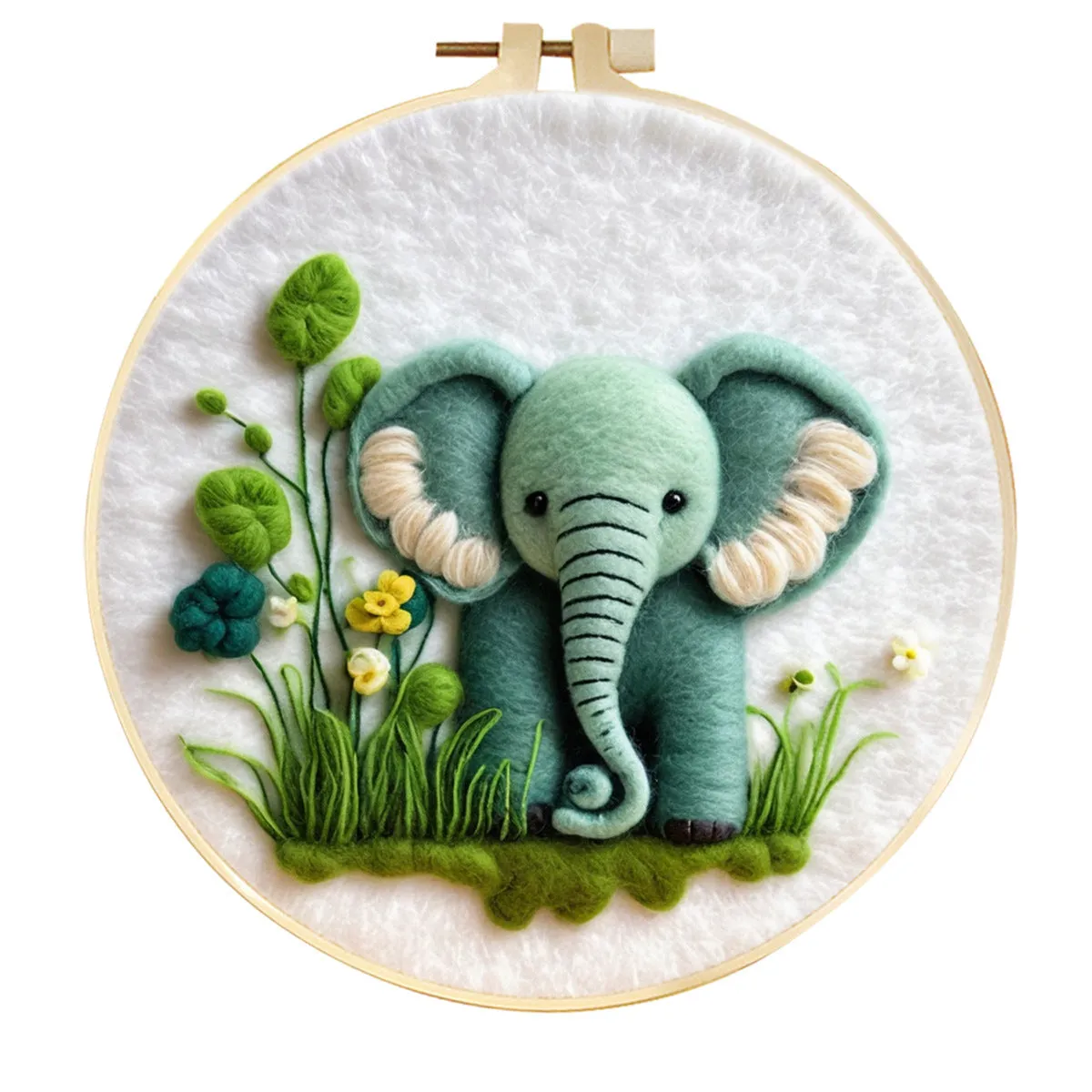 Round linen embroidery kit with wool felt for three-dimensional blanket paintings featuring botanical patterns