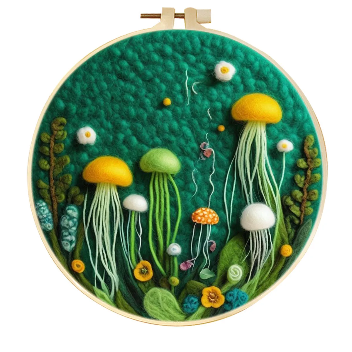 Round linen embroidery kit with wool felt for three-dimensional blanket paintings featuring botanical patterns