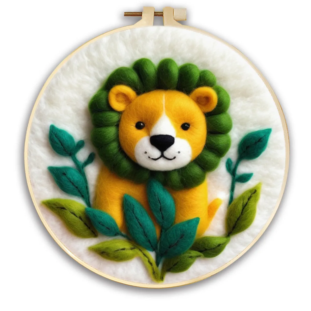Round linen embroidery kit with wool felt for three-dimensional blanket paintings featuring botanical patterns