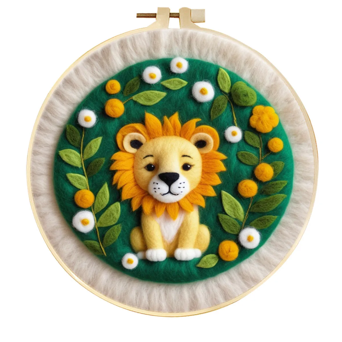 Round linen embroidery kit with wool felt for three-dimensional blanket paintings featuring botanical patterns
