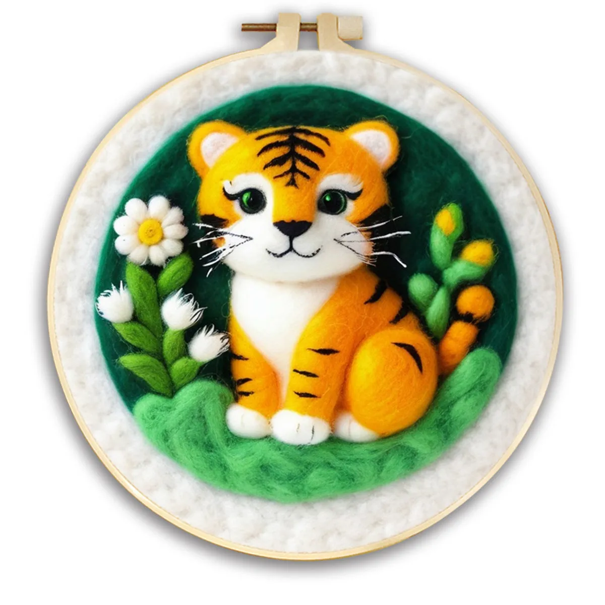 Round linen embroidery kit with wool felt for three-dimensional blanket paintings featuring botanical patterns