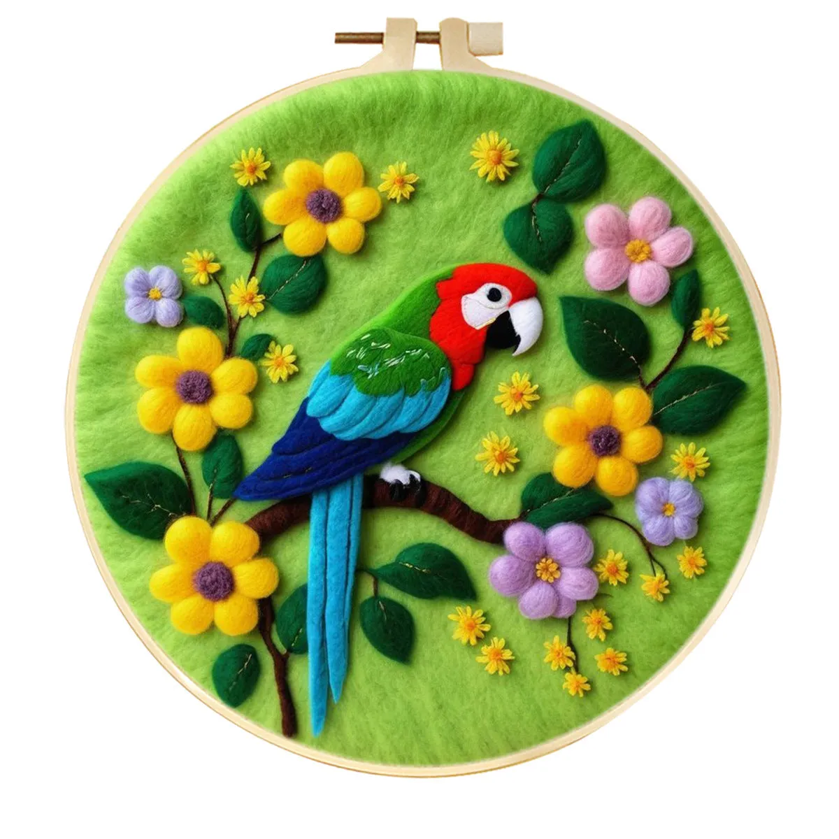 Round linen embroidery kit with wool felt for three-dimensional blanket paintings featuring botanical patterns