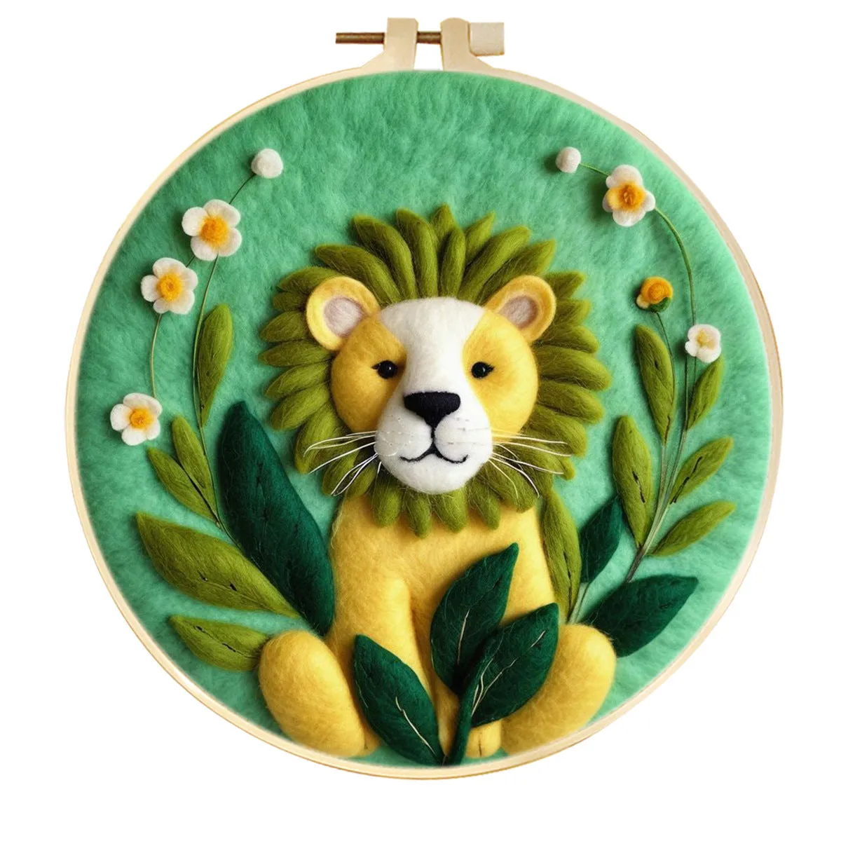 Round linen embroidery kit with wool felt for three-dimensional blanket paintings featuring botanical patterns