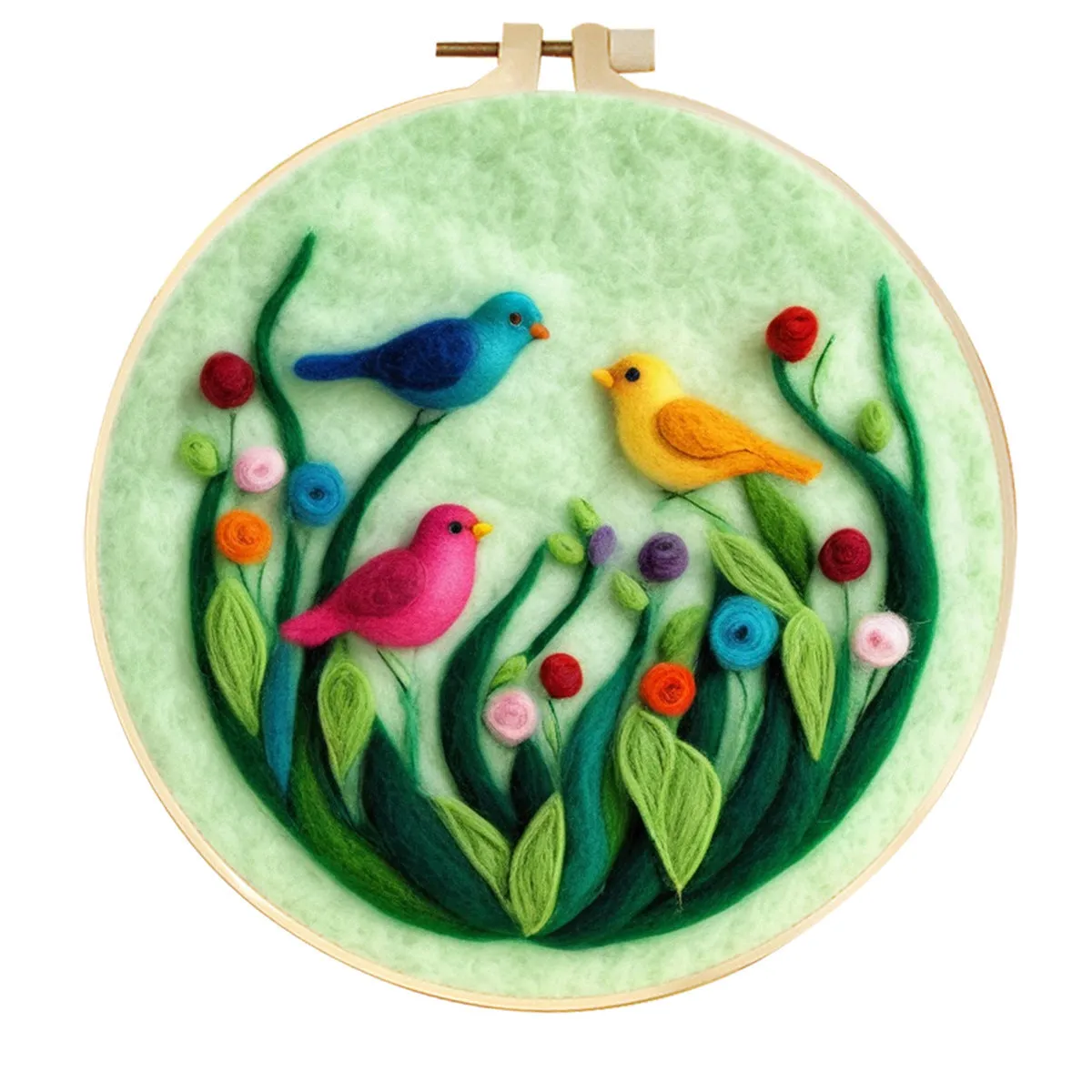 Round linen embroidery kit with wool felt for three-dimensional blanket paintings featuring botanical patterns