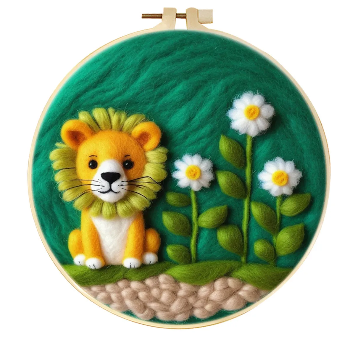 Round linen embroidery kit with wool felt for three-dimensional blanket paintings featuring botanical patterns
