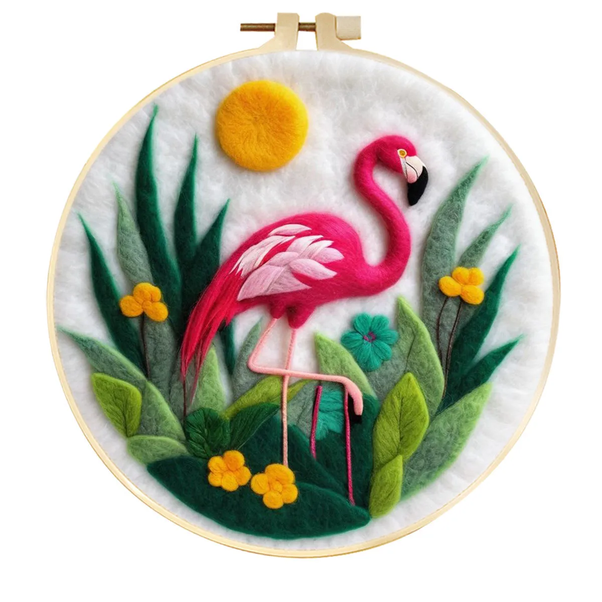 Round linen embroidery kit with wool felt for three-dimensional blanket paintings featuring botanical patterns