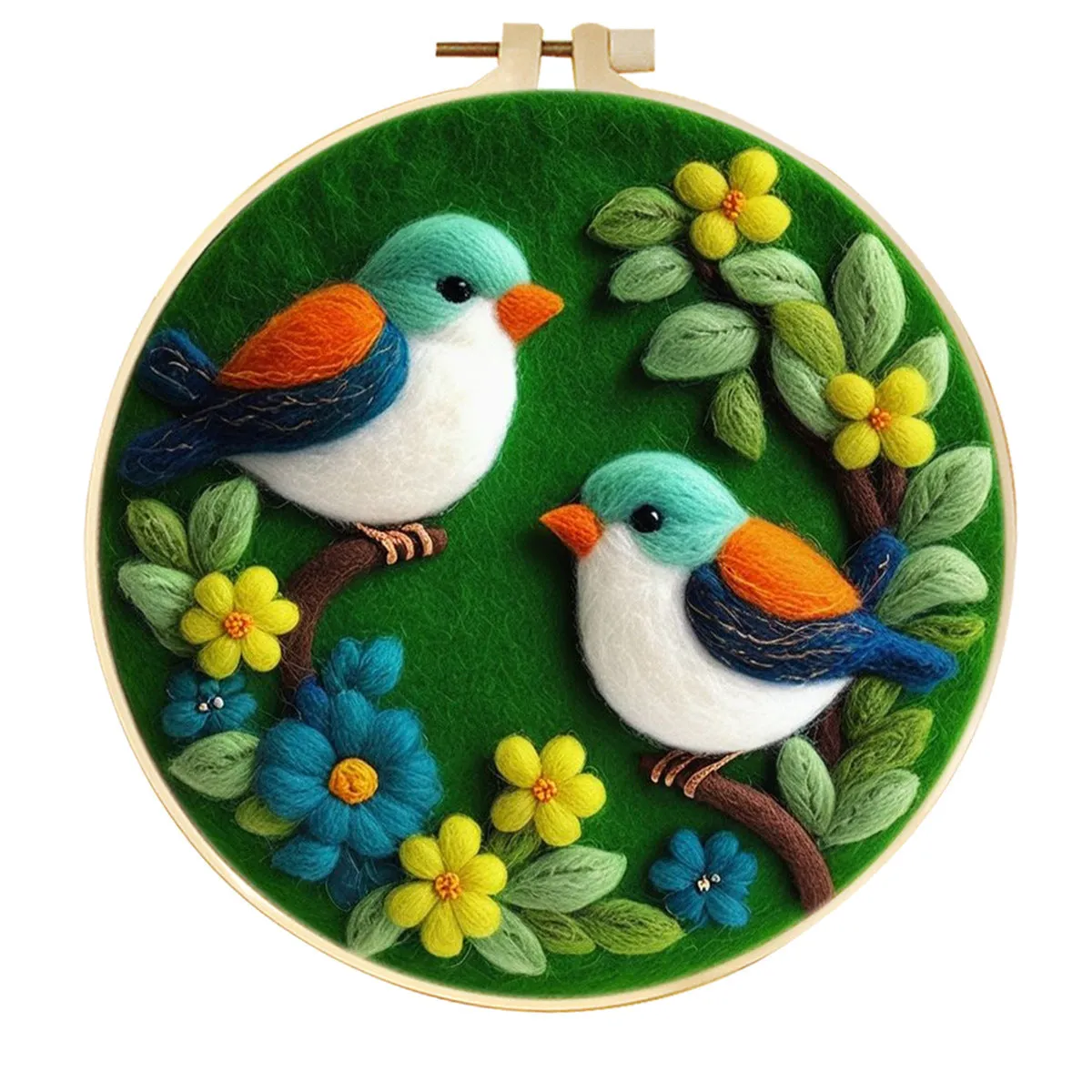 Round linen embroidery kit with wool felt for three-dimensional blanket paintings featuring botanical patterns
