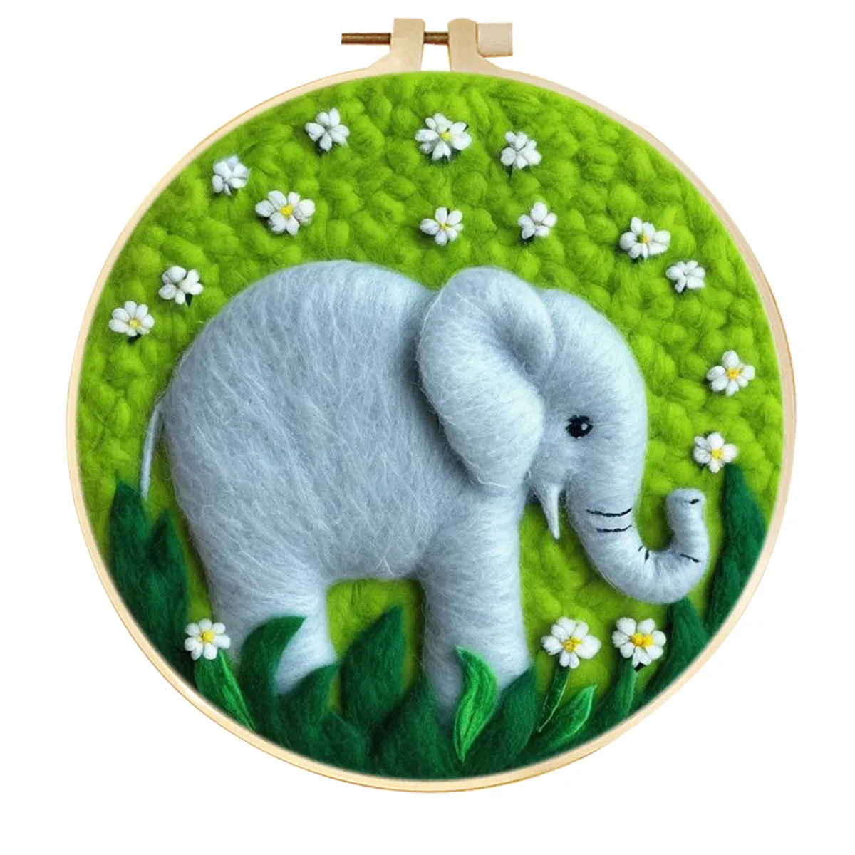 Round linen embroidery kit with wool felt for three-dimensional blanket paintings featuring botanical patterns