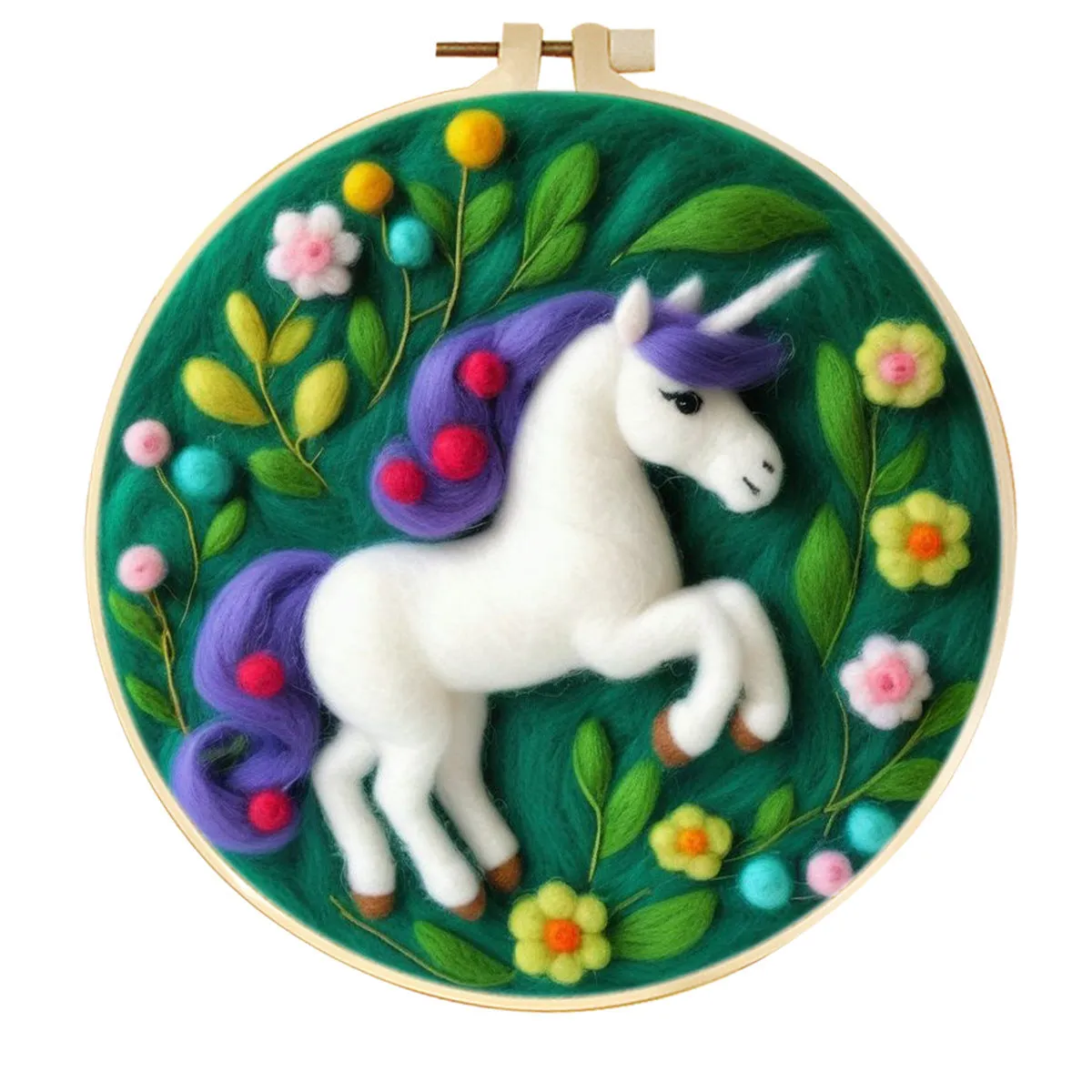 Round linen embroidery kit with wool felt for three-dimensional blanket paintings featuring botanical patterns
