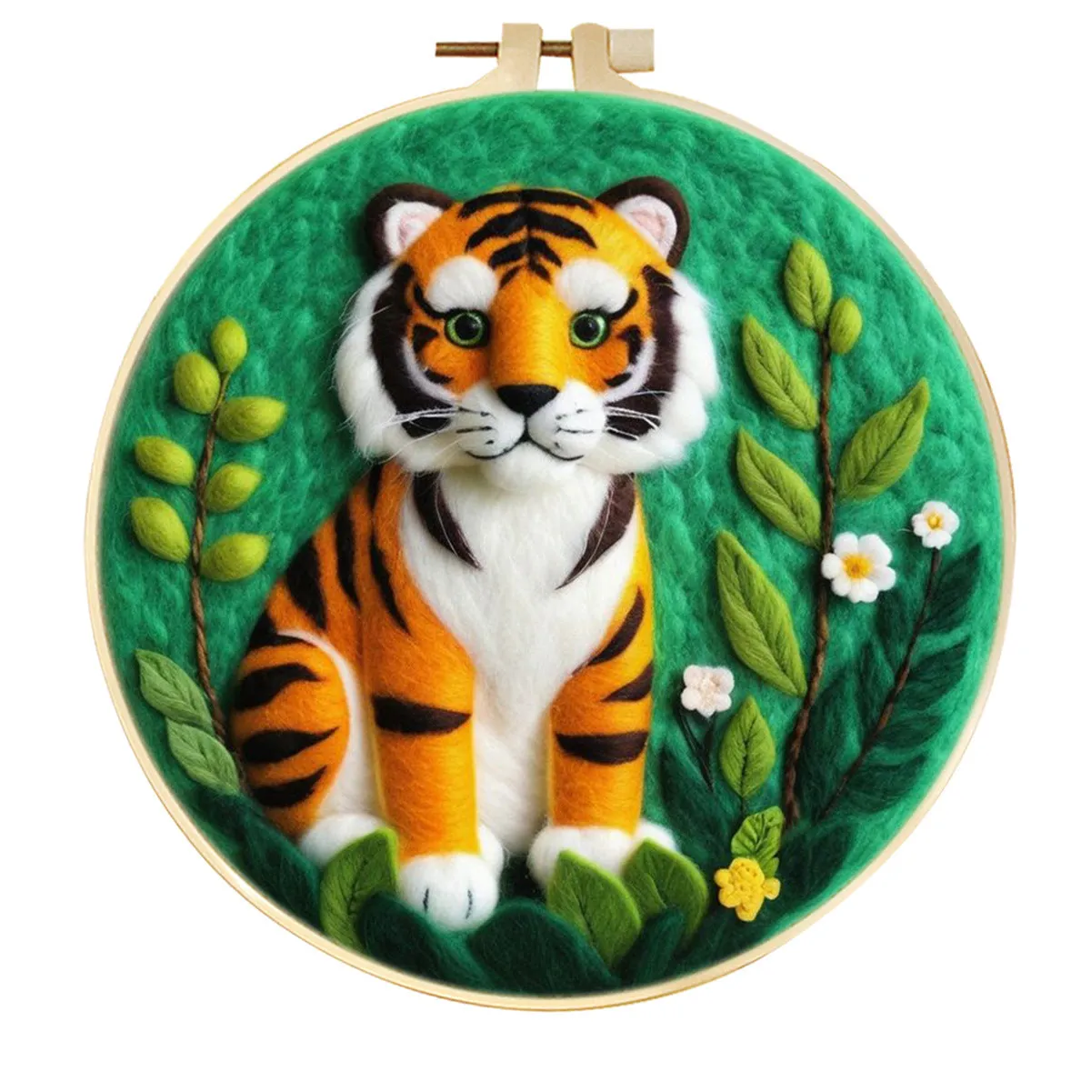 Round linen embroidery kit with wool felt for three-dimensional blanket paintings featuring botanical patterns