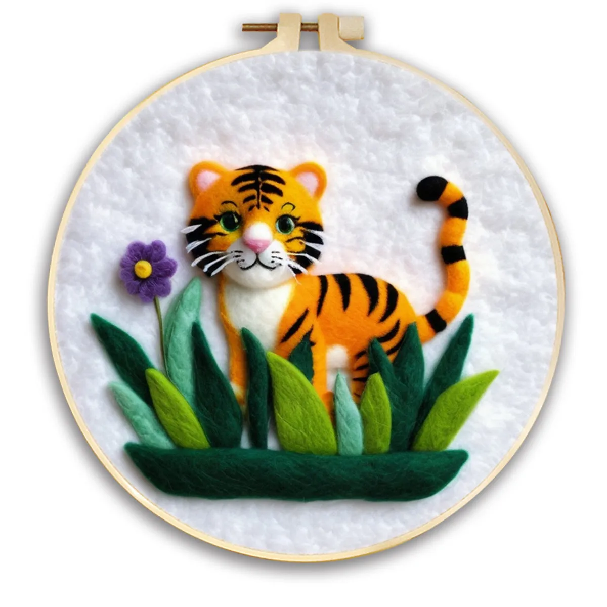 Round linen embroidery kit with wool felt for three-dimensional blanket paintings featuring botanical patterns